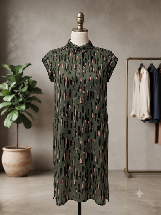 Reitmans Dresses & Skirts - Olive Green Printed Shirt Dress with Pink & Black Accents